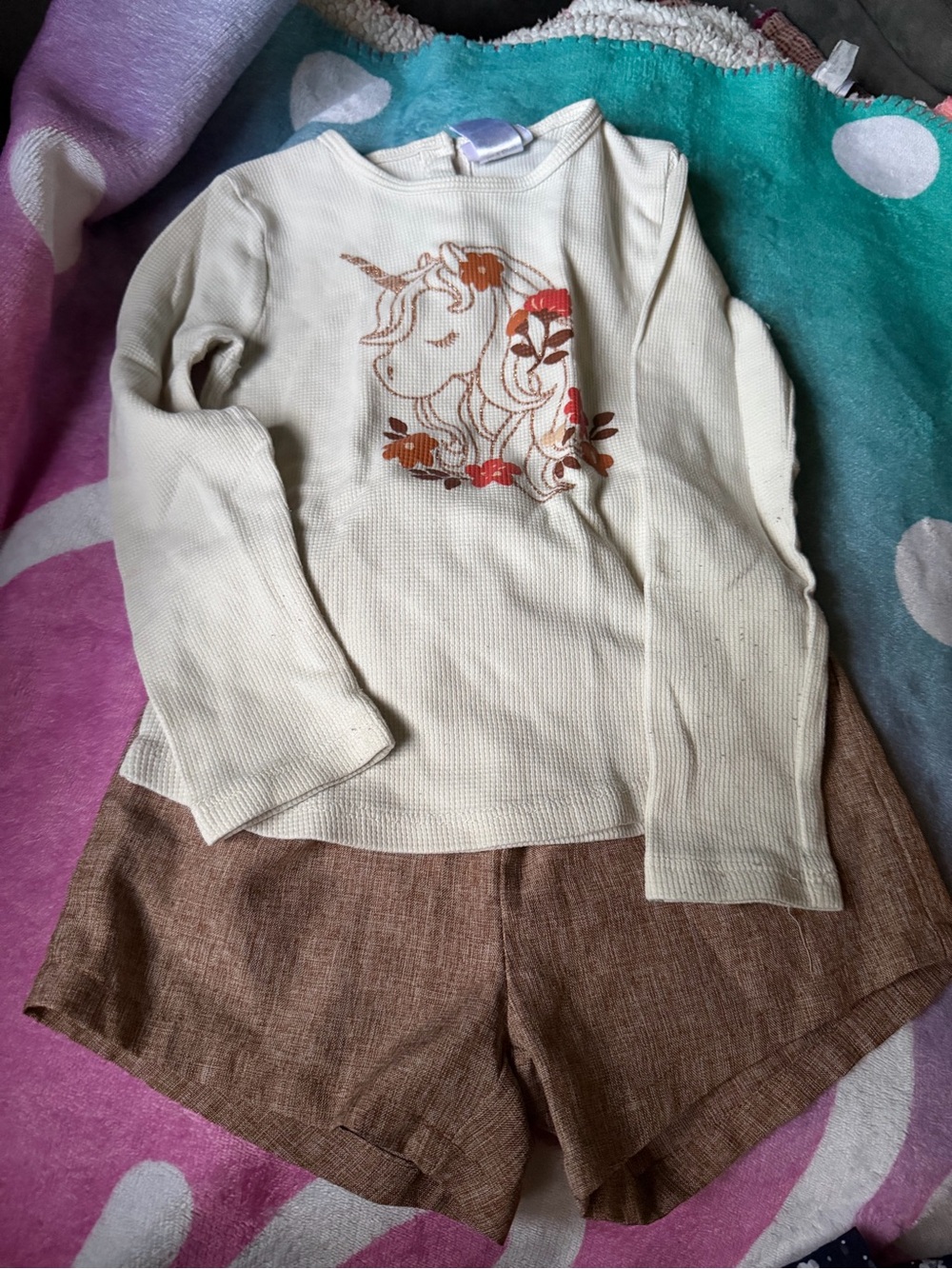 Little Lass Cream Long-Sleeve Unicorn Top with Brown Floral Accents
